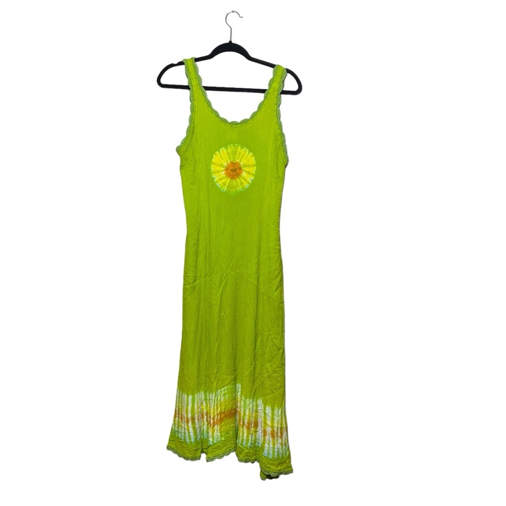 Vintage Milan 100% Rayon Tie Dyed Green Crocheted Lace Trim Maxi Midi Dress OS